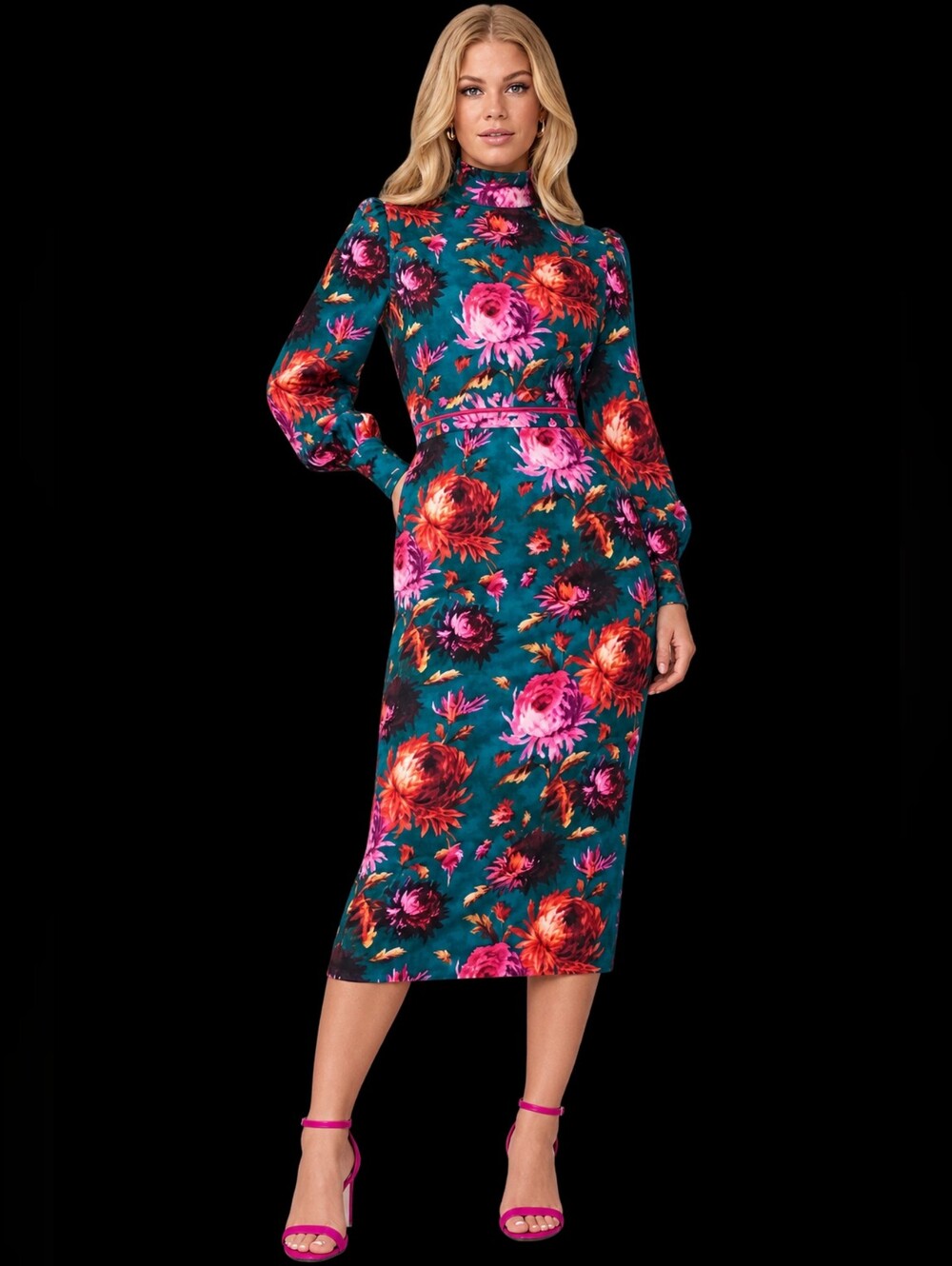 Hope & Ivy Floral Midi Dress 8 Green Ruffle Neck Velvet Accent‎ Blouson Sleeve